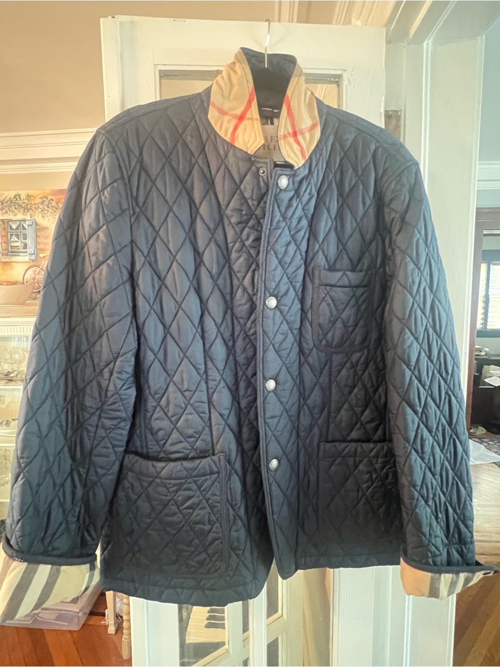 Burberry Brit Men’s Quilted Jacket Navy Blue Check Lined Size L